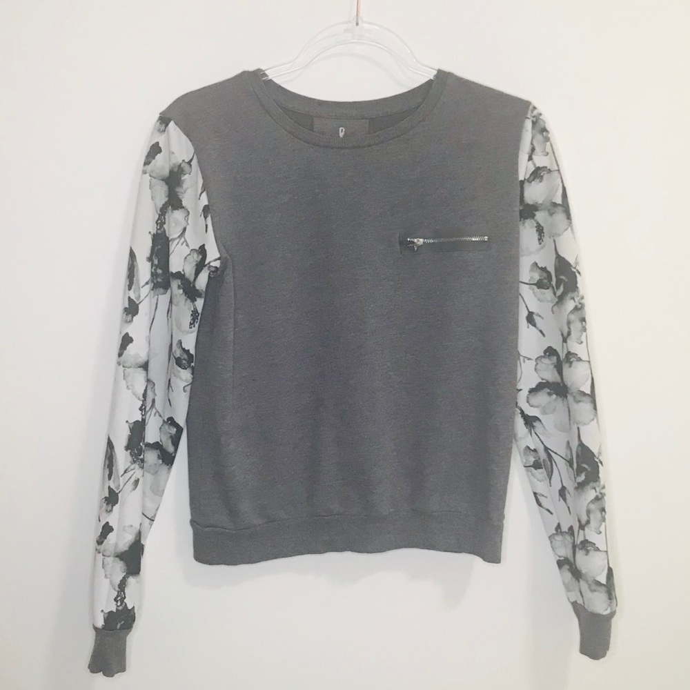 Atmosphere Gray Sweatshirt Zipper Floral Sleeves